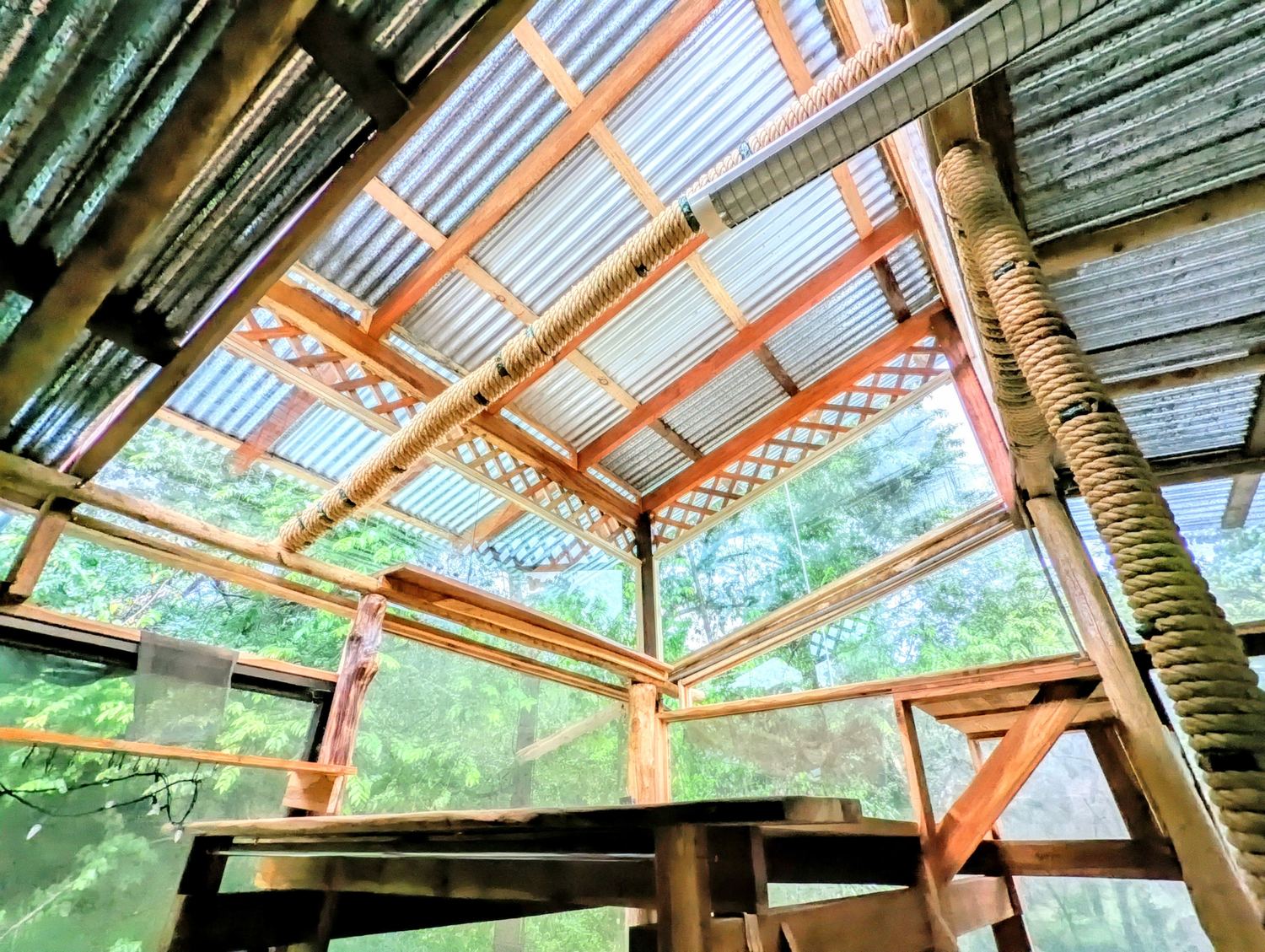 Upper-floor roof structure: timber rafters, corrugated sheet and glass, bound with rope.